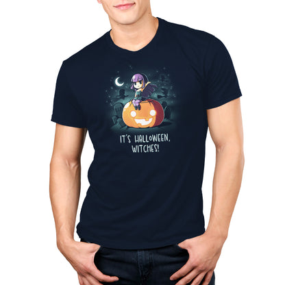 A man wearing a "It's Halloween, Witches!" t-shirt by TeeTurtle with pumpkins and bats design.