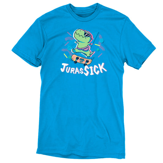 A Cobalt Blue t-shirt with a JurasSICK T.rex on a skateboard from Teeturtle.