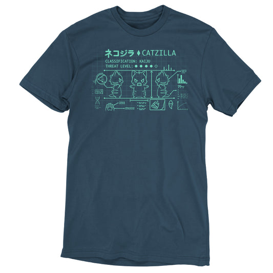 Navy blue Kaiju Catzilla t-shirt by TeeTurtle with a graphic design featuring schematic-like illustrations and Japanese text.
