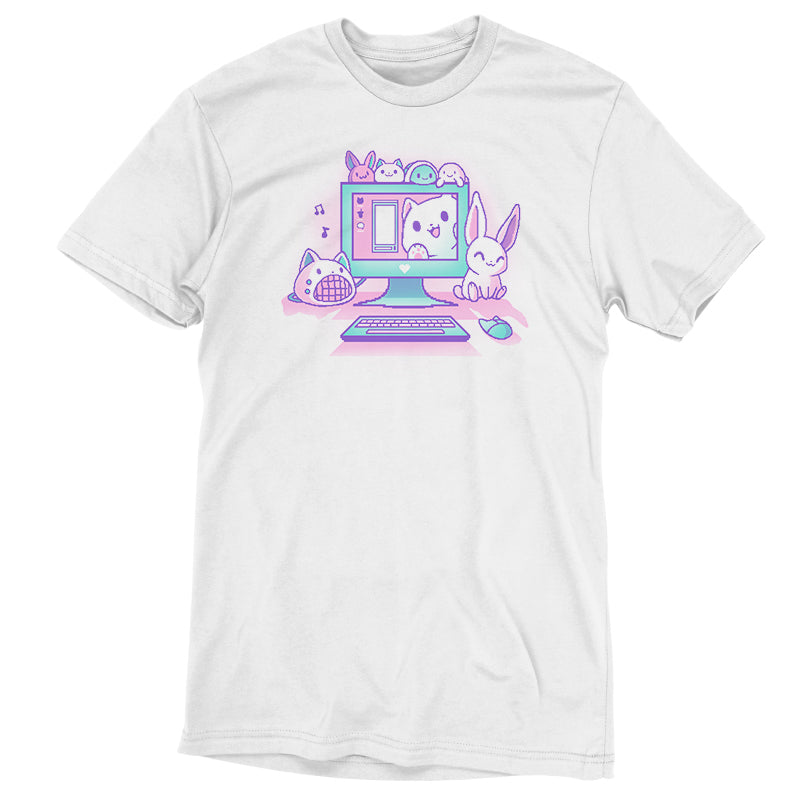 This super soft ringspun cotton white T-shirt features a pastel-colored illustration of a computer setup surrounded by various cute animal figures, including a cat, a dog, and a rabbit. Available as both women's t-shirt and men's t-shirt, the Kawaii Computer is presented by monsterdigital.