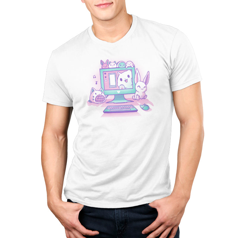 A man wearing a cozy white Kawaii Computer t-shirt by TeeTurtle, perfect for comfortable gaming.