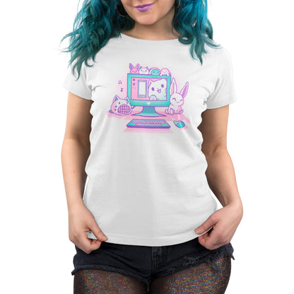A cozy white women's T-shirt featuring an image of a Kawaii Computer by TeeTurtle.