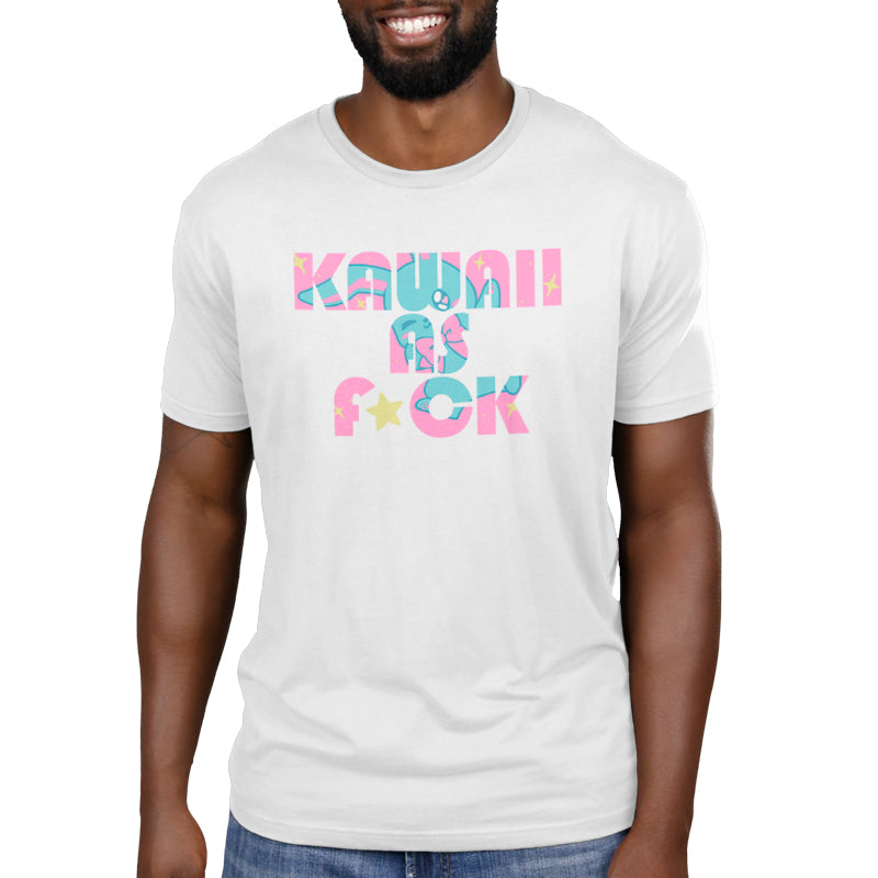 A man wearing a white T-shirt with the words "Kawaii As F*ck" printed on it by TeeTurtle.