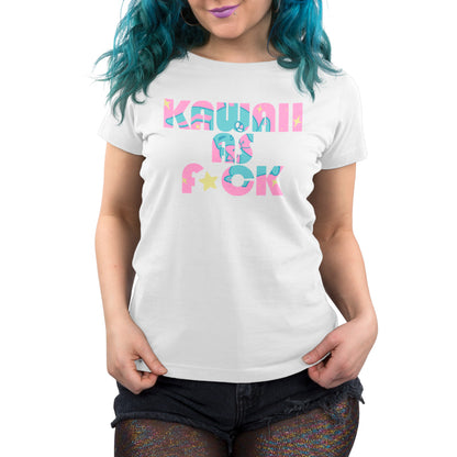 A woman wearing a white t-shirt with the brand name TeeTurtle and the product name "Kawaii As F*ck".