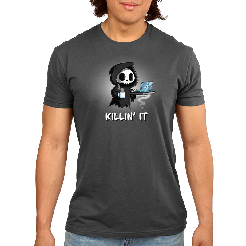 A man confidently wearing a Charcoal Gray TeeTurtle t-shirt "Killin' It" while measuring internet speed.
