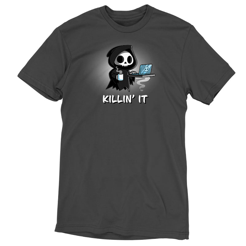 A black Killin' It t-shirt with a skeleton holding a laptop, perfect for TeeTurtle original fans.