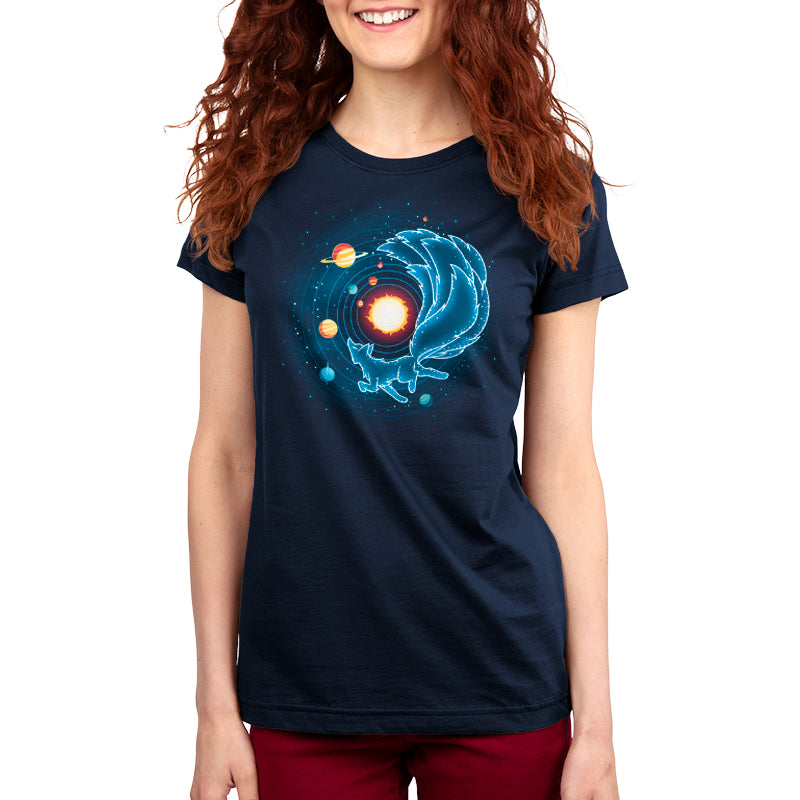 A Kitsune Constellation Navy Blue T-shirt with an image of the moon and planets by TeeTurtle.