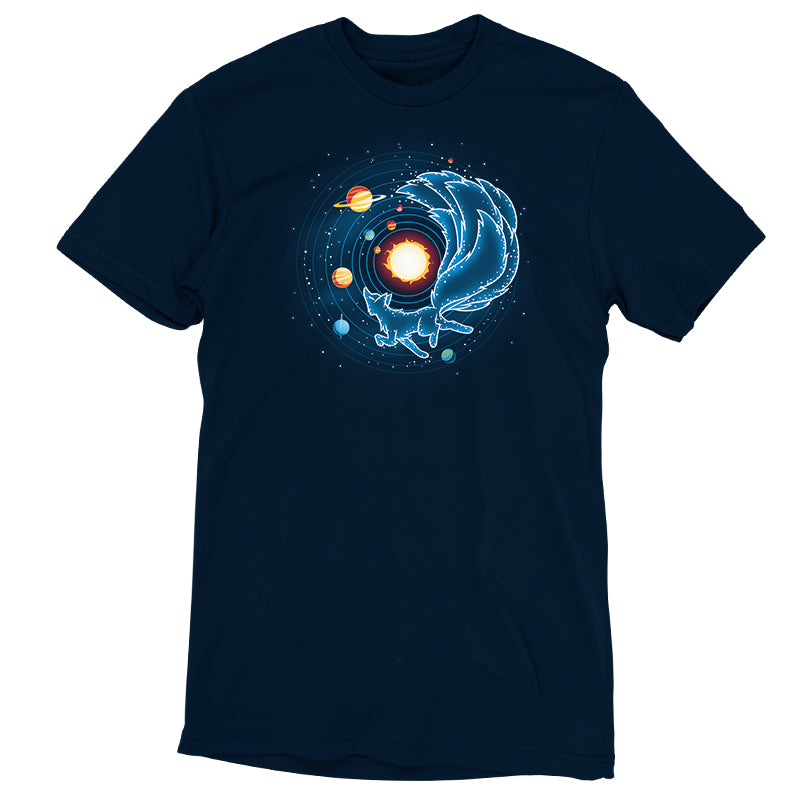 A navy blue t-shirt featuring an image of stars in the Kitsune Constellation by TeeTurtle.