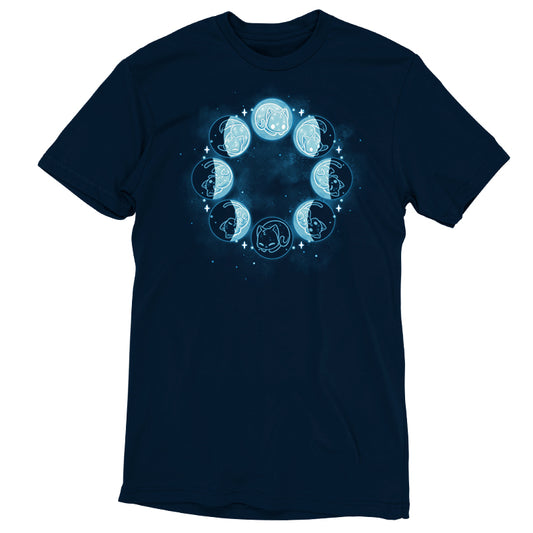 A navy blue Kitty Moon Phases T-shirt by TeeTurtle with the phases of the moon on it.