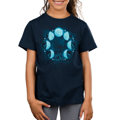 A girl wearing a TeeTurtle Kitty Moon Phases T-shirt.