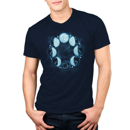 A man wearing a navy blue Kitty Moon Phases T-shirt from TeeTurtle.