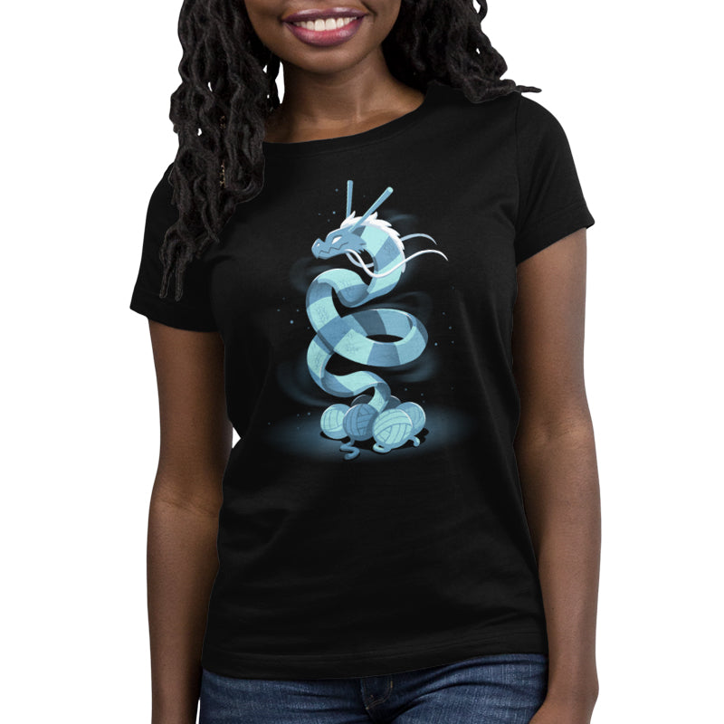 A cozy women's black Knitted Dragon t-shirt with a powerful blue dragon on it from TeeTurtle.