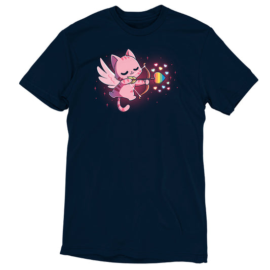 A navy blue LGBTQ-pid Kitty t-shirt featuring a cat with a bow and arrow expressing love by TeeTurtle.