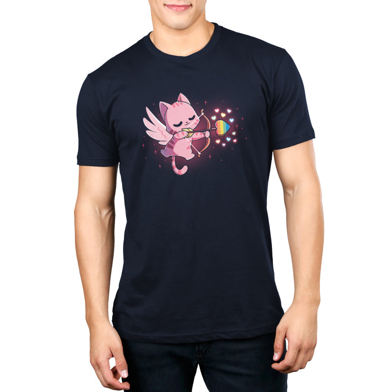 A navy blue LGBTQ-pid Kitty t-shirt by TeeTurtle with an image of a cat holding a bow and arrow, symbolizing love.