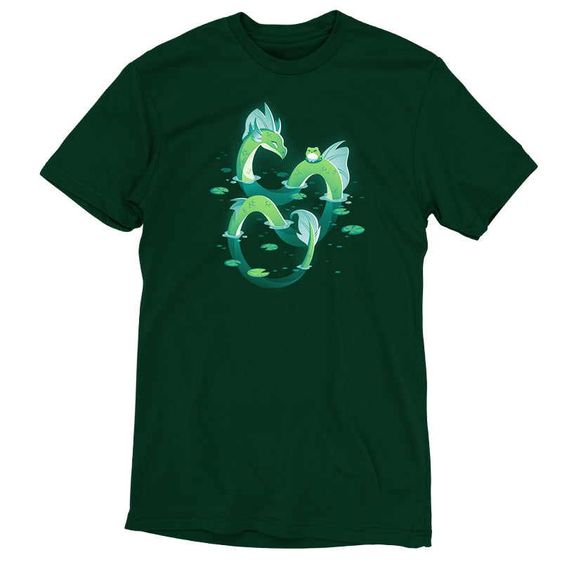 A Lagoon Dragon t-shirt with two dolphins in the water, featuring aquatic beasts, from TeeTurtle.