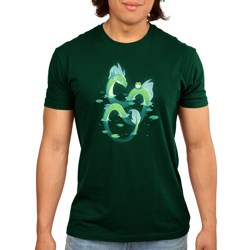 A man wearing a Lagoon Dragon t-shirt from TeeTurtle with two fish on it.