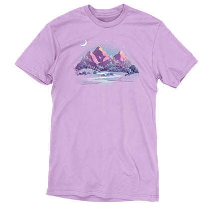 A Lavender Peaks t-shirt with mountains in the background.