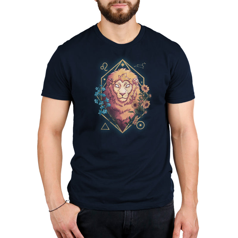 A man wearing a navy blue TeeTurtle T-shirt printed with a lion, representing the Leo Zodiac.
