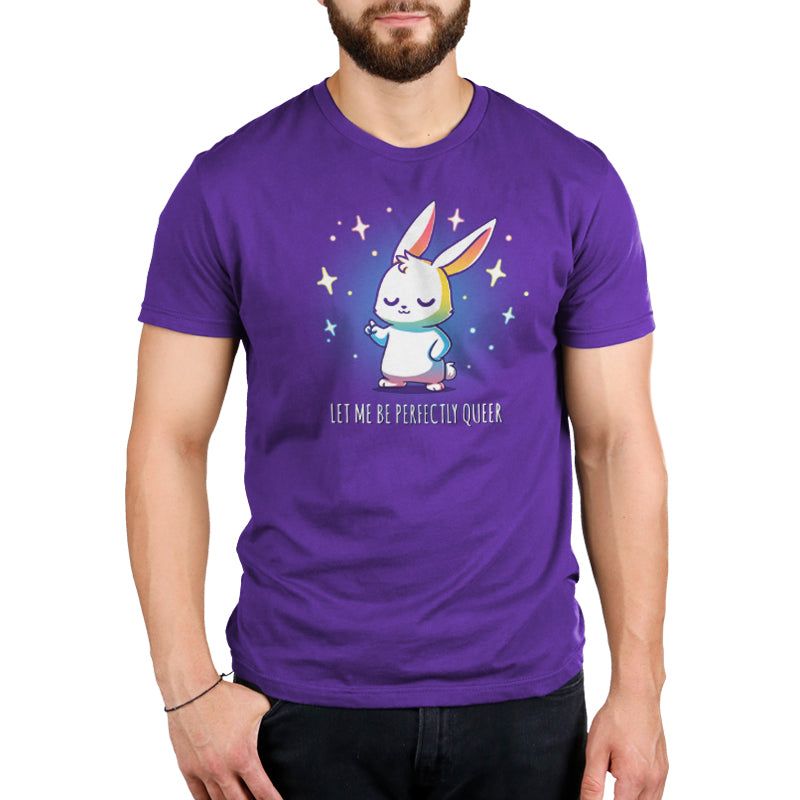 A Let Me Be Perfectly Queer tee shirt with an image of a bunny with stars on it from TeeTurtle.
