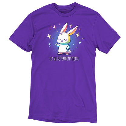 A TeeTurtle Let Me Be Perfectly Queer purple t-shirt featuring a bunny with stars.