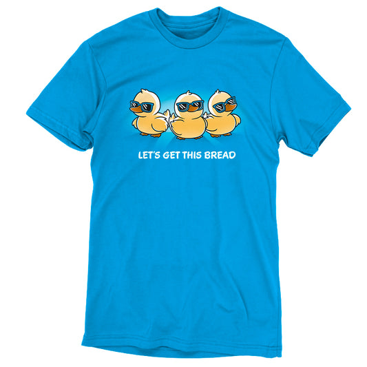 A cobalt blue t-shirt featuring three cartoon ducks wearing sunglasses with the text 