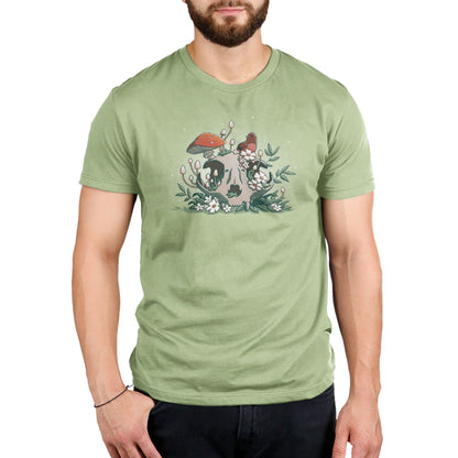 A man wearing a Life After Death sage green t-shirt with a skull and flowers by TeeTurtle.