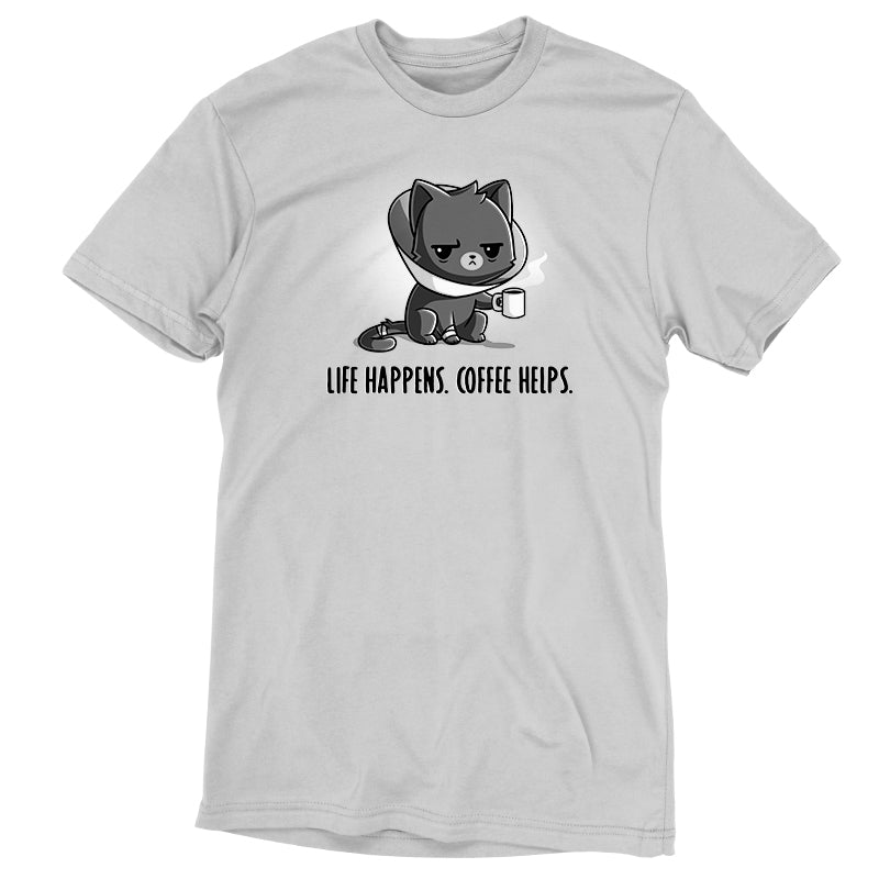 A gray Life Happens. Coffee Helps. t-shirt by TeeTurtle featuring a cat enjoying coffee, reminding us that coffee helps when life happens.