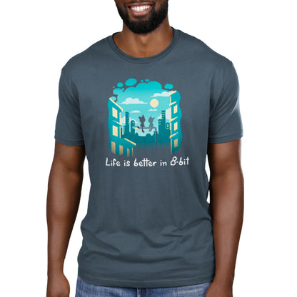 A man wearing a Life Is Better in 8-Bit T-shirt by TeeTurtle made of ringspun cotton that says, "Live a Little Later in Life.