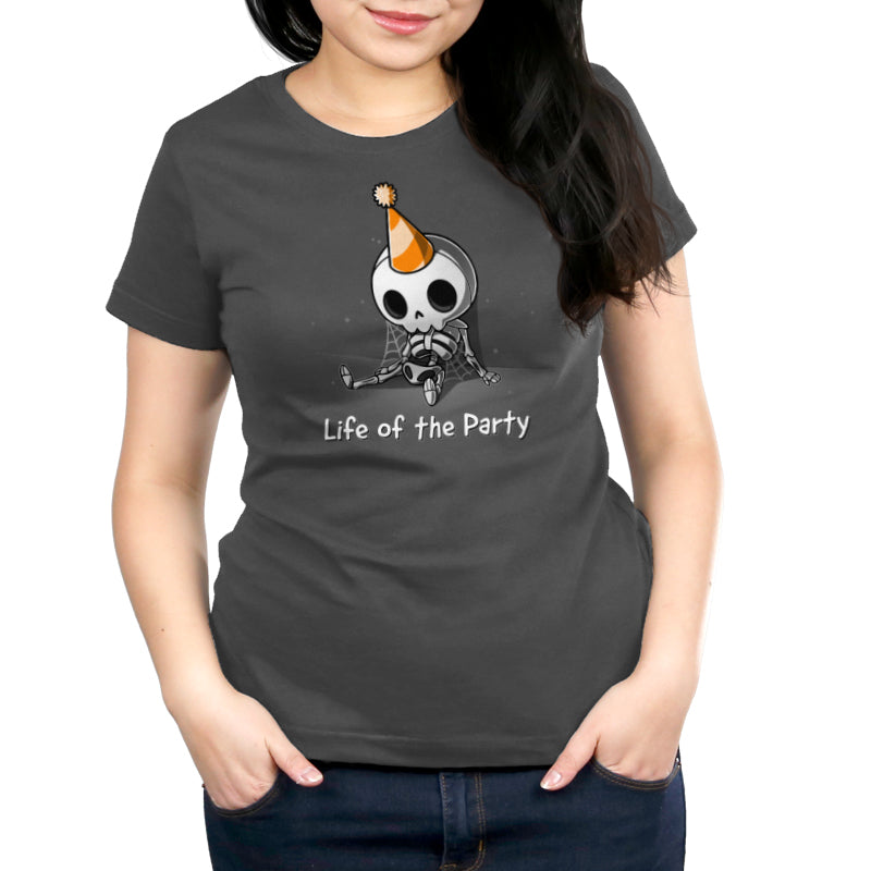A TeeTurtle Life of the Party women's t-shirt featuring a skeleton in a party hat, perfect for the Life of the Party.