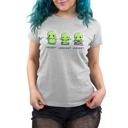This comfortable women's T-shirt from TeeTurtle features three green octopus from Livecraft, Laughcraft, Lovecraft, perfect for craft time.