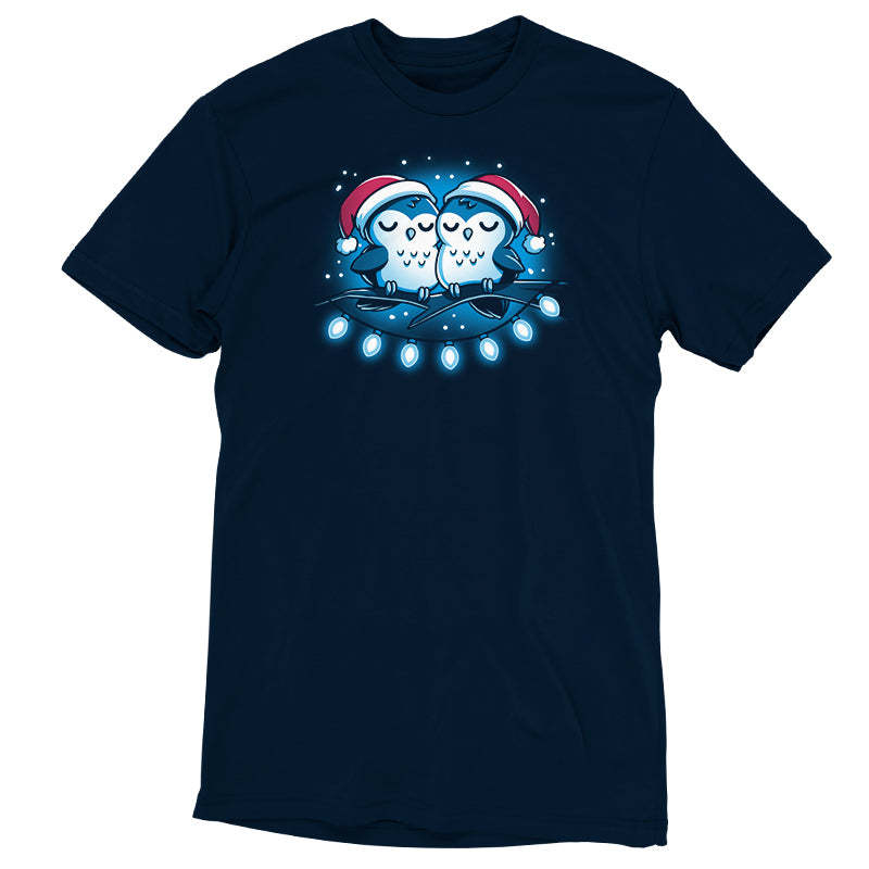 A festive navy Long Winter's Nap t-shirt by TeeTurtle featuring two owls adorned with Christmas lights for a comfortable holiday look.