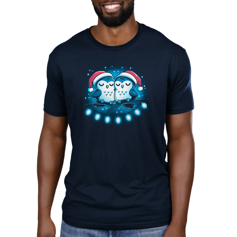 Christmas comfort on a Long Winter's Nap t-shirt with two owls adorned in festive lights from TeeTurtle.