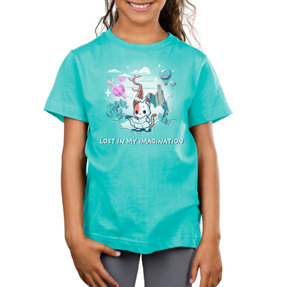 A young girl wearing a teal t-shirt with the Lost in My Imagination cartoon character on it, showcasing her TeeTurtle and comfort.