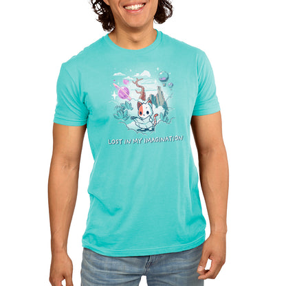 A man wearing a turquoise t-shirt with an image of a dog and a cat from TeeTurtle's Lost in My Imagination.