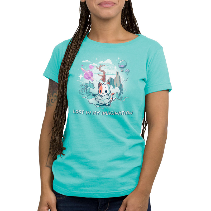 A Lost in My Imagination T-shirt with an imaginative image of a woman riding a horse by TeeTurtle.