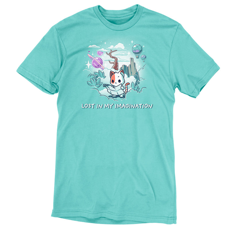 A TeeTurtle tee in the Caribbean blue color with the phrase "Lost in My Imagination".