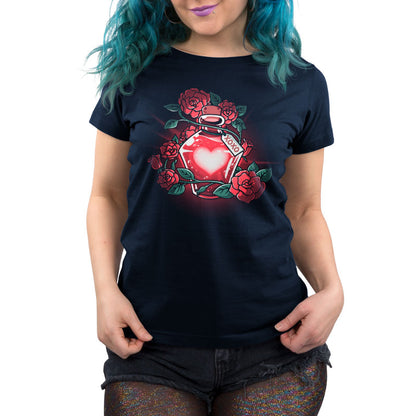 A woman wearing a Love Potion navy blue t-shirt with a rose on it from TeeTurtle.