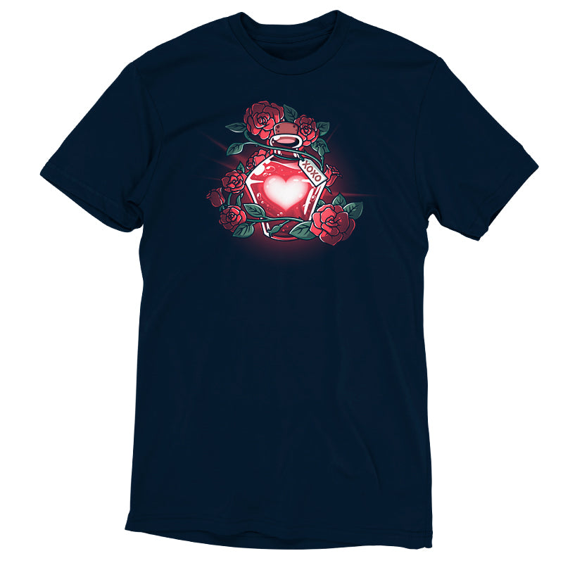 A navy blue Love Potion t-shirt adorned with a heart and roses from TeeTurtle.