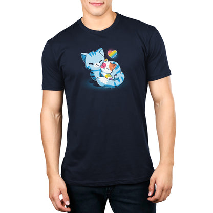 A man wearing a navy blue Love in All Colors t-shirt by TeeTurtle with an image of a cat holding a heart.