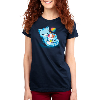 A Love in All Colors t-shirt with an image of a cat and a rainbow by TeeTurtle.