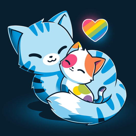 TeeTurtle Love in All Colors T-shirt featuring a lovable blue cat with a rainbow heart.