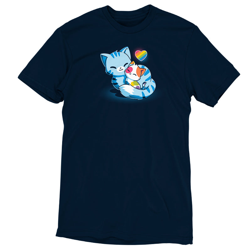 A blue Love in All Colors t-shirt with a cat holding a heart, representing love and comfort, by TeeTurtle.