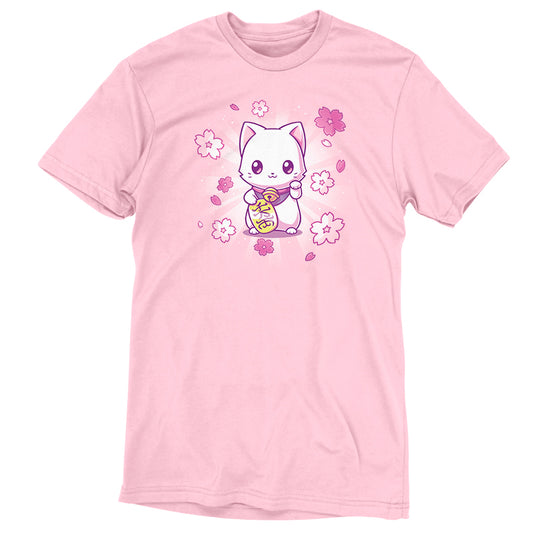 A Lucky Sakura Kitty t-shirt featuring a kawaii cat and flowers by TeeTurtle.