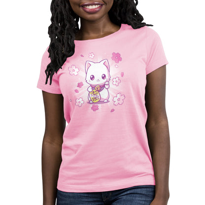 A women's pink t-shirt featuring a TeeTurtle Lucky Sakura Kitty.