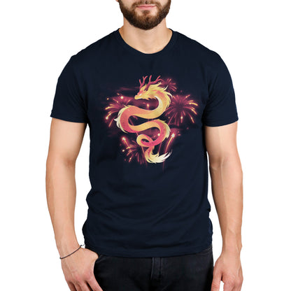 A man wearing a Lunar New Year Dragon tee from TeeTurtle.