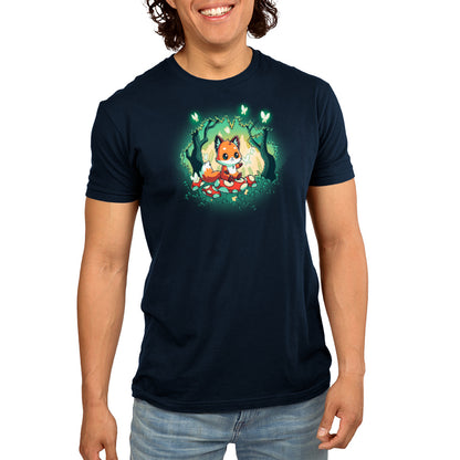 A man wearing a navy blue t-shirt with an image of a fox in a TeeTurtle Magical Forest.