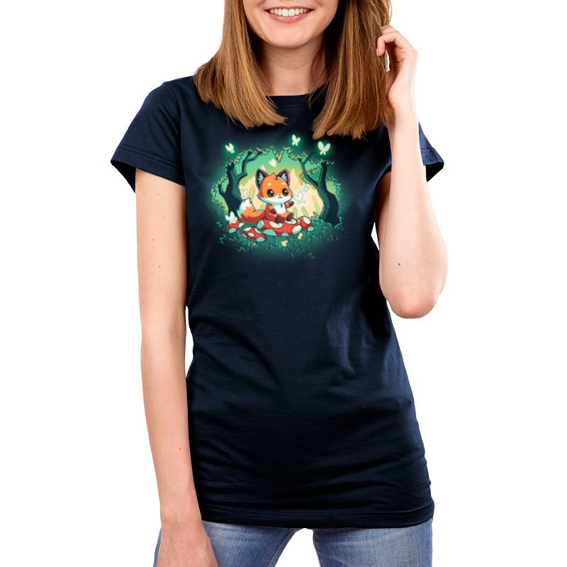 A TeeTurtle Magical Forest-themed women's t-shirt featuring a fox in navy blue.