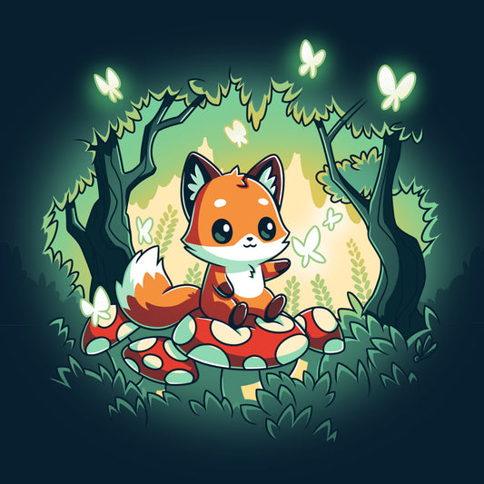 A TeeTurtle Magical Forest fox sitting in a magical forest.