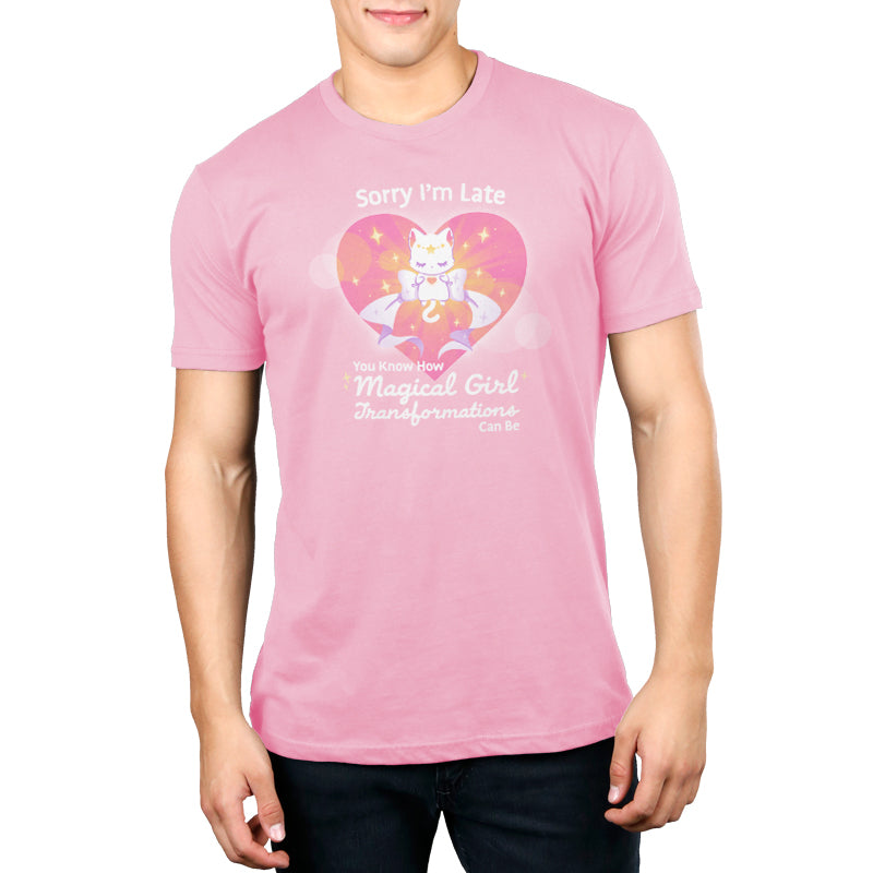 A man wearing a pink t-shirt undergoes a "Magical Girl Transformations" by TeeTurtle, bringing the story to life.