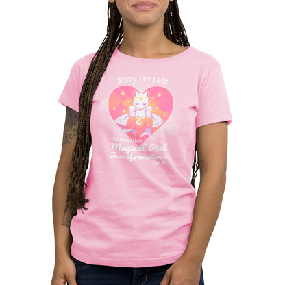A woman in a TeeTurtle Magical Girl Transformations t-shirt undergoing a transformation.
